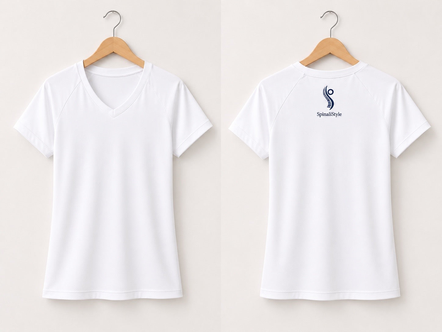 Camiseta ergonómica SpinaliStyle mujer blanca, vista frontal y trasera