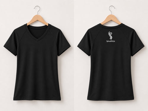 Camiseta ergonómica SpinaliStyle mujer negra, vista frontal y trasera