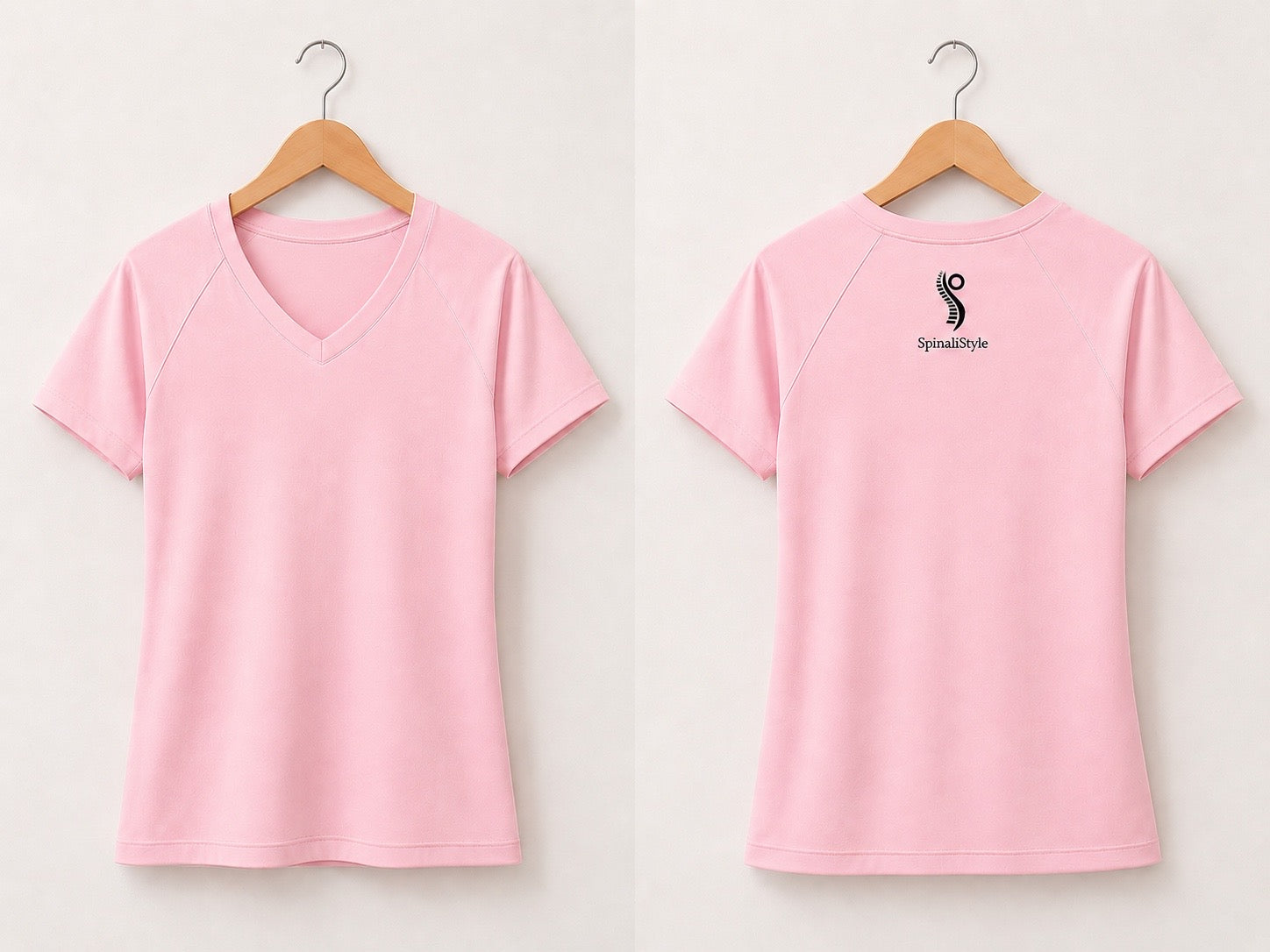 Camiseta ergonómica SpinaliStyle mujer rosa, vista frontal y trasera