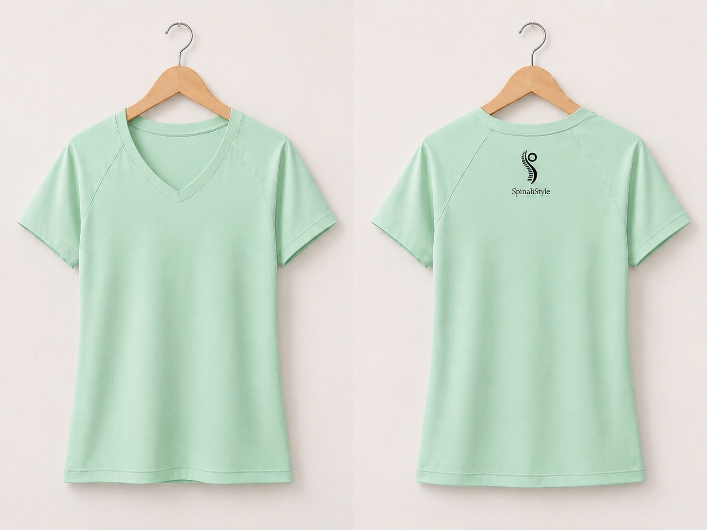 Camiseta ergonómica SpinaliStyle mujer verde, vista frontal y trasera